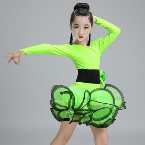 Girls latin dresses  for kids children pink neon green ballroom competition stage performance salsa rumba chacha dance dresses